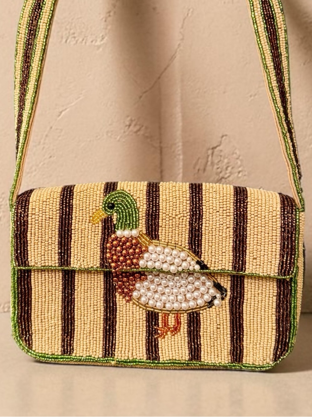 Anthropologie Cream, Brown & Green Beaded Duck Shoulder Bag - Picture 5 of 7